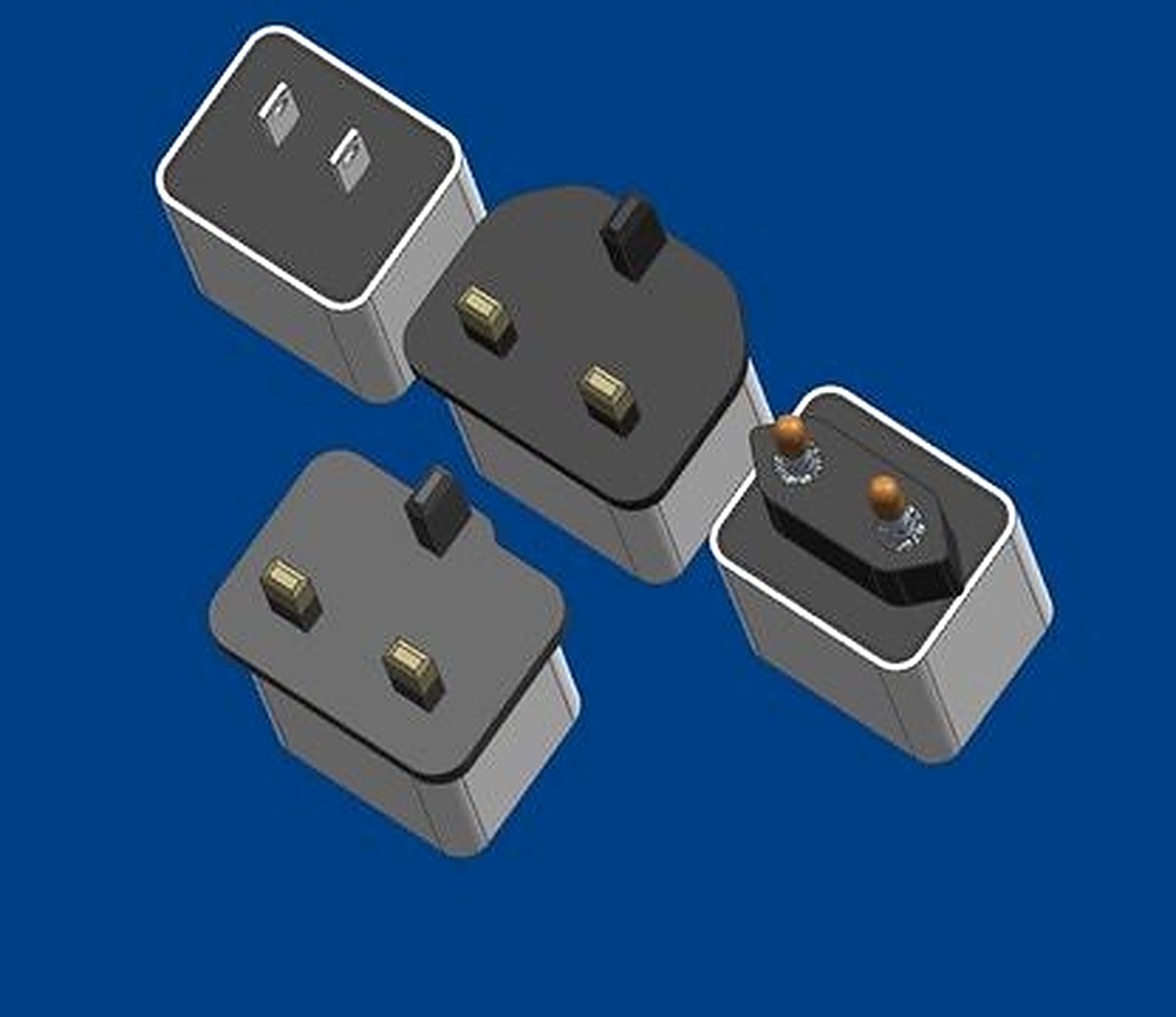 CAD renders of Charlie Charger showing four international plug variants — UK, EU, US, and AU configurations