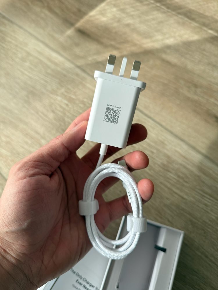 Charlie Charger back view showing QR code, certification marks, and clean white finish