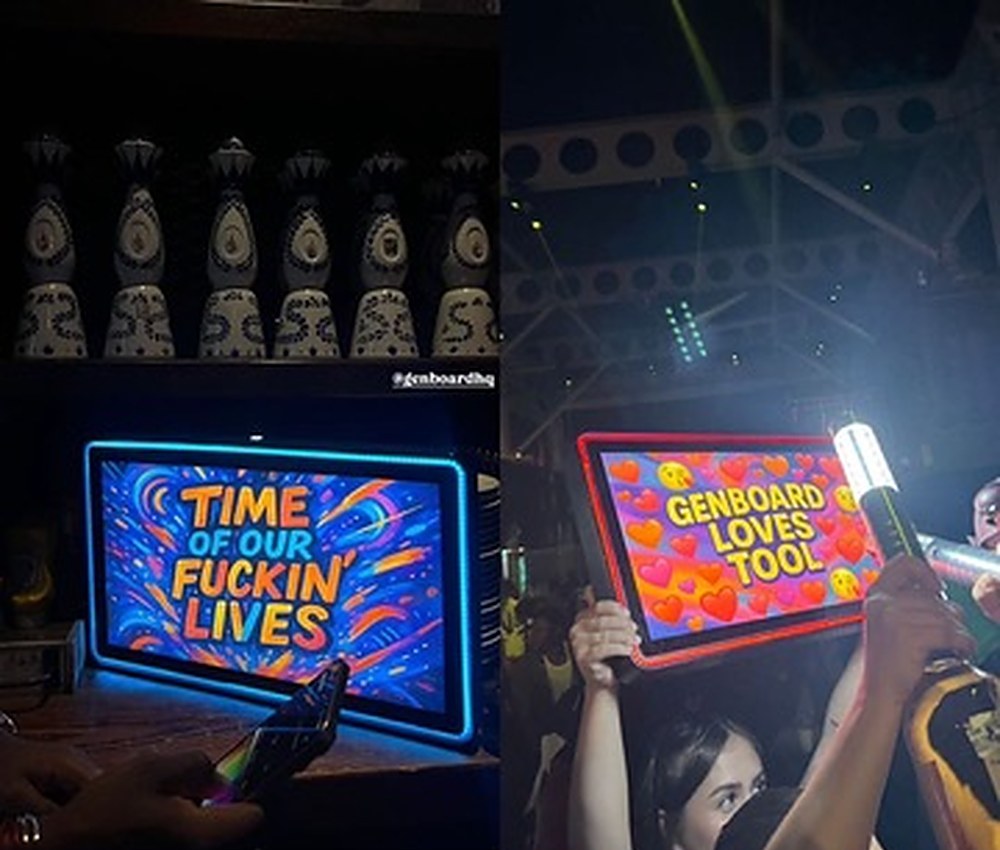 Genboard in action at nightlife venues — collage of live deployments showing custom content and RGB lighting